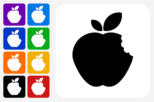 Bitten Apple Icon Square Button Set. The icon is in black on a white square with rounded corners. The are eight alternative button options on the left in purple, blue, navy, green, orange, yellow, black and red colors. The icon is in white against these vibrant backgrounds. The illustration is flat and will work well both online and in print.