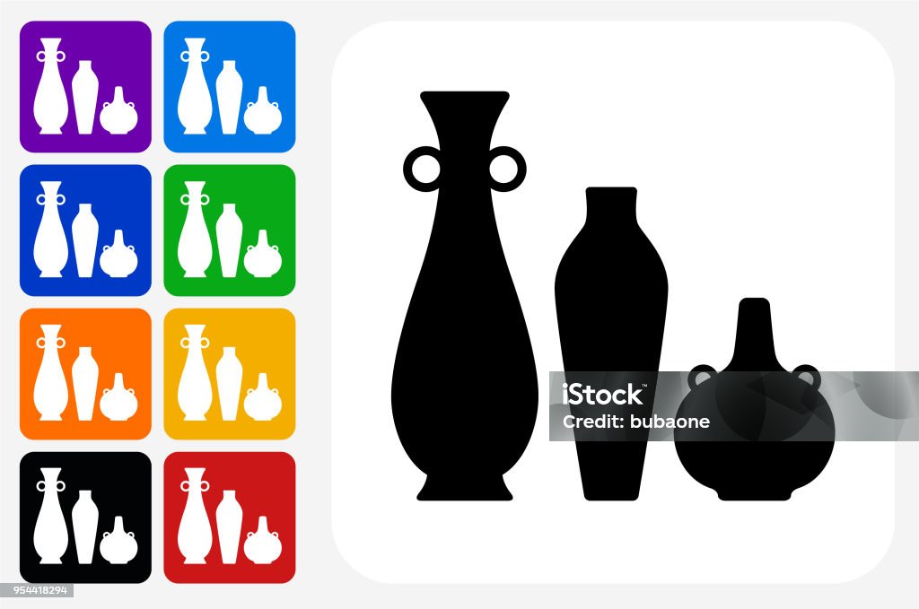 Pots and Vases Icon Square Button Set Pots and Vases Icon Square Button Set. The icon is in black on a white square with rounded corners. The are eight alternative button options on the left in purple, blue, navy, green, orange, yellow, black and red colors. The icon is in white against these vibrant backgrounds. The illustration is flat and will work well both online and in print. Blue stock vector