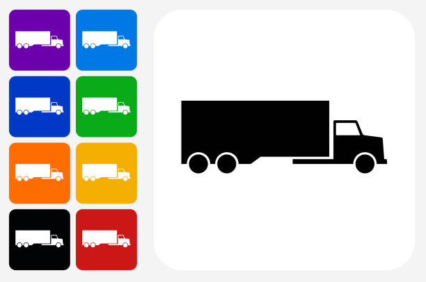 Truck Icon Square Button Set Truck Icon Square Button Set. The icon is in black on a white square with rounded corners. The are eight alternative button options on the left in purple, blue, navy, green, orange, yellow, black and red colors. The icon is in white against these vibrant backgrounds. The illustration is flat and will work well both online and in print. indigo truck stock illustrations
