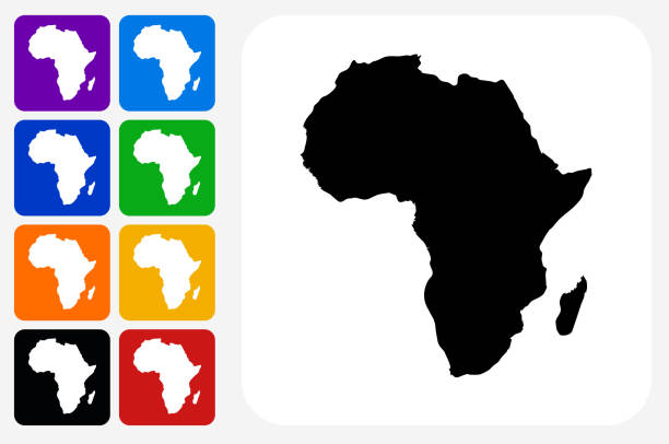 Africa Continent Icon Square Button Set Africa Continent Icon Square Button Set. The icon is in black on a white square with rounded corners. The are eight alternative button options on the left in purple, blue, navy, green, orange, yellow, black and red colors. The icon is in white against these vibrant backgrounds. The illustration is flat and will work well both online and in print. african continent stock illustrations