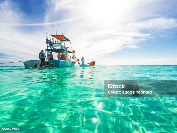 Party Boat In The Caribbean Sea Stock Photo - Download Image Now - Nautical Vessel, Scuba Diving, Snorkel