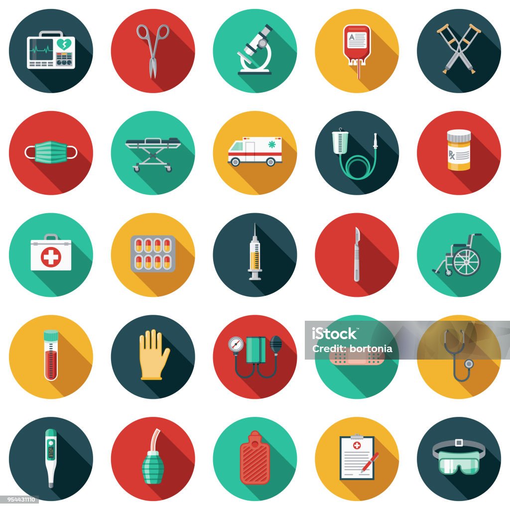 Medical Supplies Flat Design Icon Set with Side Shadow A set of flat design styled healthcare & medicine supplies and tools icons with a long side shadow. Color swatches are global so it’s easy to edit and change the colors. Icon Symbol stock vector