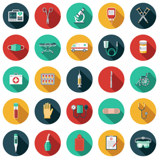 Medical Supplies Flat Design Icon Set with Side Shadow A set of flat design styled healthcare & medicine supplies and tools icons with a long side shadow. Color swatches are global so it’s easy to edit and change the colors. medical equipment stock illustrations