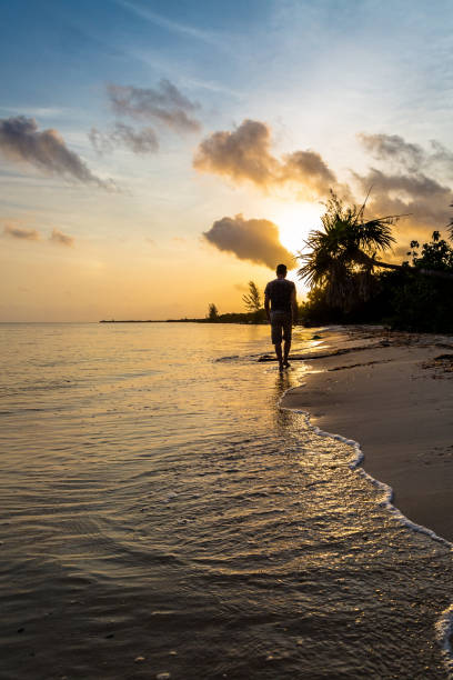istock Man Walking Alone on Beach at Sunrise 954432646