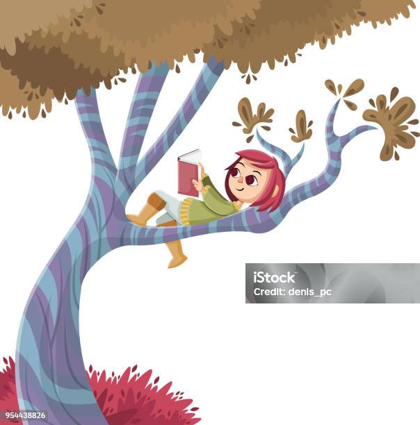 Cute Cartoon Girl Reading Book Over A Tree Stock Illustration - Download Image Now - Child, Reading, Tree