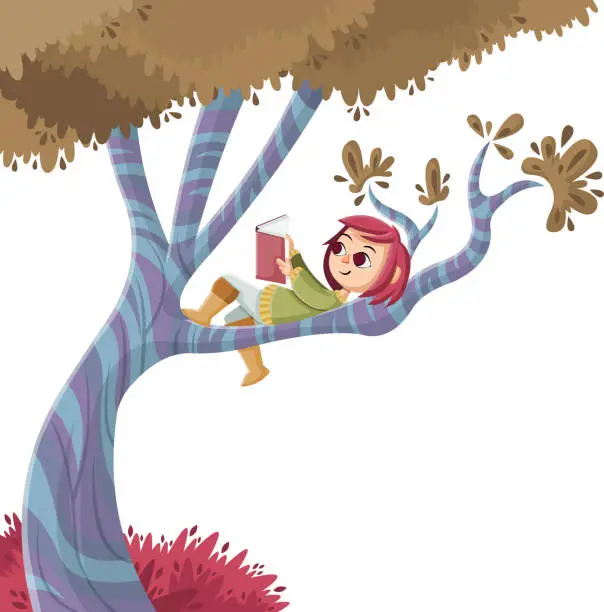 Vector illustration of Cute cartoon girl reading book over a tree.