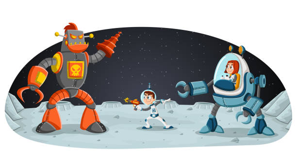 istock Astronaut cartoon children fighting a robot on the moon 954446878
