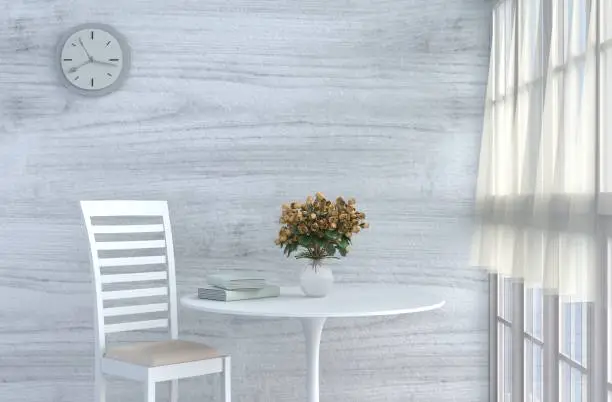 Grey-White living room decor with cream-white chair, wall clock, white wood wall, window, table, grey white cement floor, red rose, vase.The sun shines through the window into the shadows. 3d render.