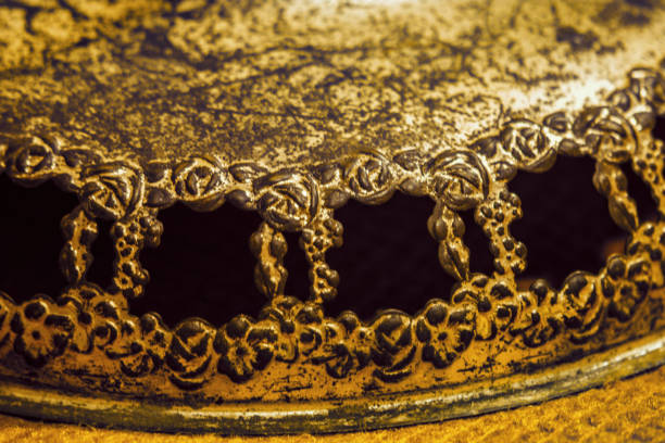 Antique brass decorative plates, Islamic plate with mandala pattern, View from above isolated on white background with clipping path