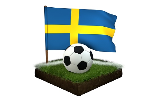 A black and white round ball for playing football and the national flag of Sweden are located on a stretch of a football field with green grass and a white stripe. 3D Illustration