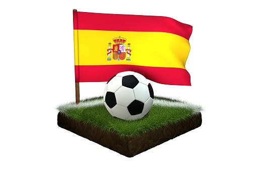 A black and white round ball for playing football and the national flag of Spain are located on a stretch of a football field with green grass and a white stripe. 3D Illustration