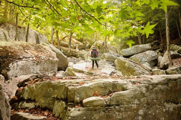 istock Young woman with backpack in extreme terrain 954470844