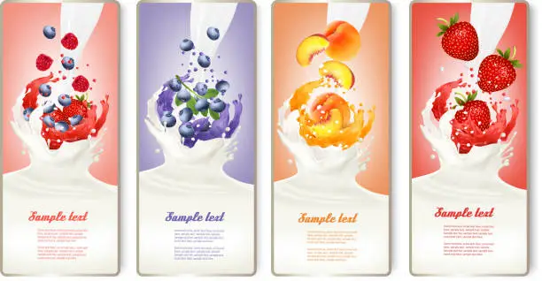 Vector illustration of Set of banners with berries and fruit falling into milk