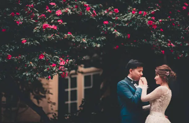 Australia Prewedding Engagement Portrait groom kissing bride's hand outside in the garden