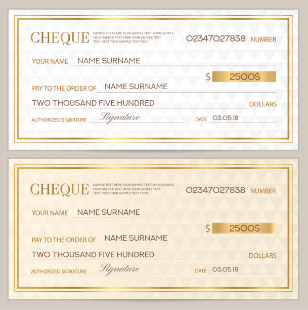 Check (cheque), Chequebook template. Abstract pattern with gold watermark. White background for banknote, money design, currency, bank note, Voucher, Gift certificate, Coupon, ticket banking borders stock illustrations