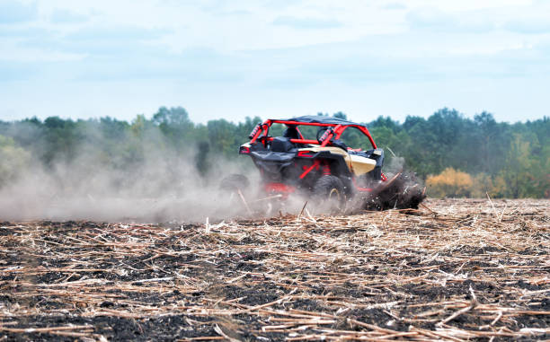 istock Red buggy rushes through the field in the dust 954488214