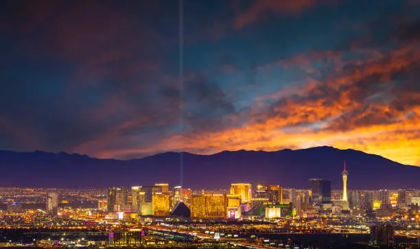 A stock photo of the world famous Las Vegas city skyline.