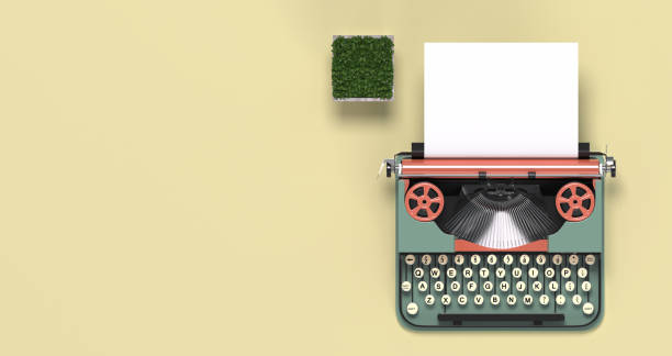 istock mock up typewriter paper and pen,eyeglasses,top view on the table colorful education in front of yellow wall lovely picture for copy space minimal fruit and object concept pastel colorful 954501158