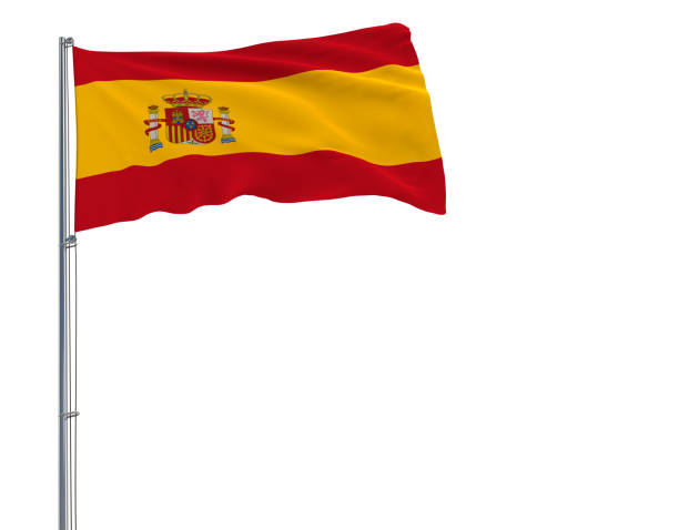 istock Isolate flag of Spain on a flagpole fluttering in the wind on a white background, 3d rendering. 954501642