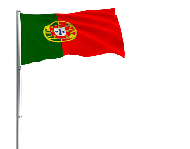 istock Isolate flag of Portugal on a flagpole fluttering in the wind on a white background, 3d rendering. 954502148