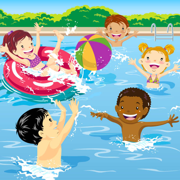 ilustraciones, imágenes clip art, dibujos animados e iconos de stock de niños jugando en la piscina - swimwear child inner tube little girls