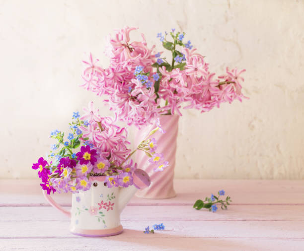 istock spring flowers in vases on wooden table 954505988