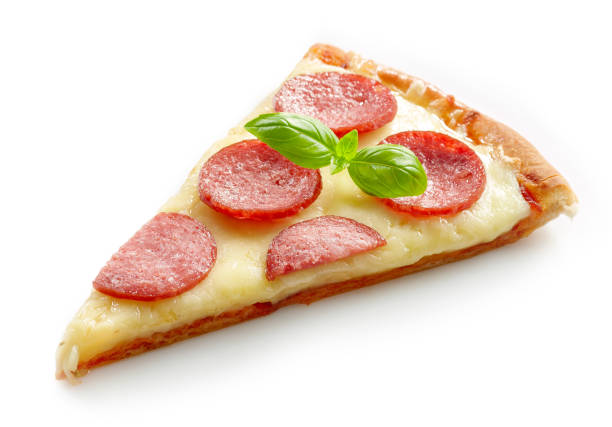 slice of salami pizza isolated on white background