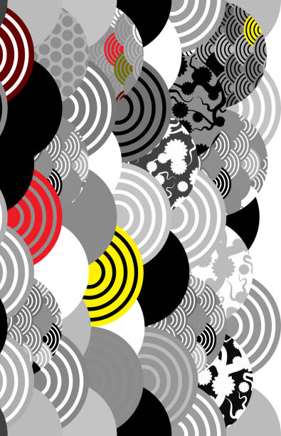 istock card banner design fish scales simple Nature background with japanese sakura flower, Cherry, wave circle Black gray white Red Yellow colors. trendy backdrop. Vector 954508670