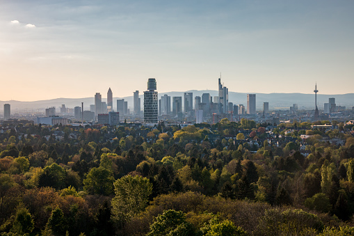 Cityscape with skyline of Frankfurt am Main seen from top of Goethetower which burned down completely after a fire in 2017