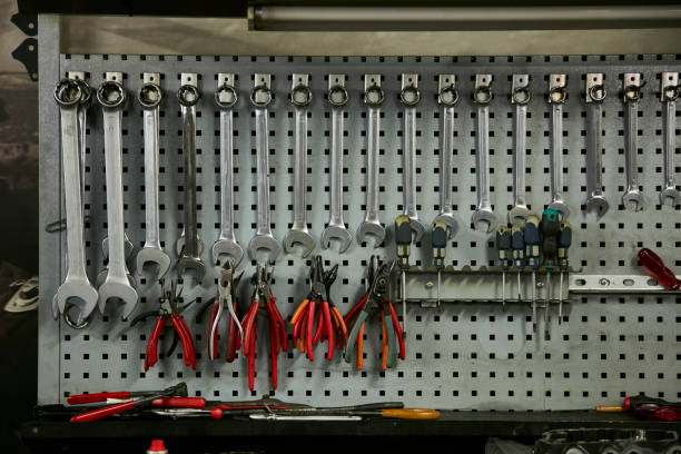 istock Some wrenchs and tools on the tool shelf 954518168