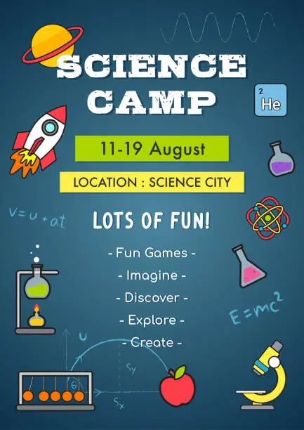 Vector illustration of Science Camp Invitation Poster Vector illustration. Science elements, Rocket with Physics mathematics on chalkboard background.