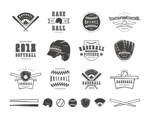 illustrazioni stock, clip art, cartoni animati e icone di tendenza di emblemi e distintivi set di squadra di baseball - baseball practicing pitcher softball