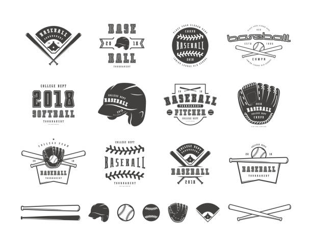 ilustrações, clipart, desenhos animados e ícones de conjunto de emblemas e distintivos do time de beisebol - sports equipment baseball player sport softball