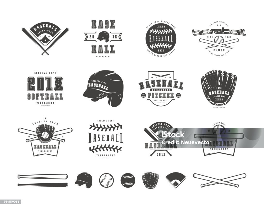 Emblems and badges set of baseball team Emblems and badges set of baseball team. Graphic design for t-shirt. Black print on white background Baseball - Sport stock vector