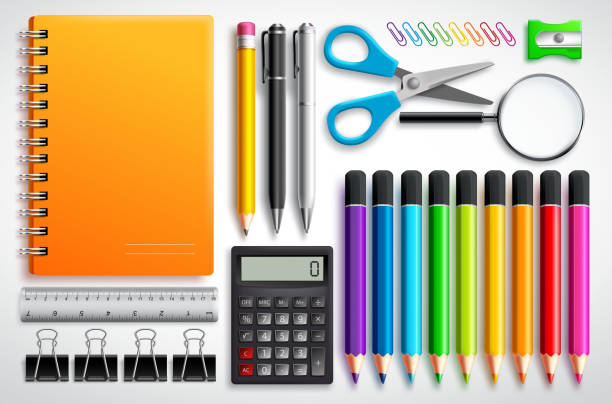 schulmaterialien vektor-set mit farbe bleistifte notebook, stifte - ruler ballpoint pen pen isolated stock-grafiken, -clipart, -cartoons und -symbole