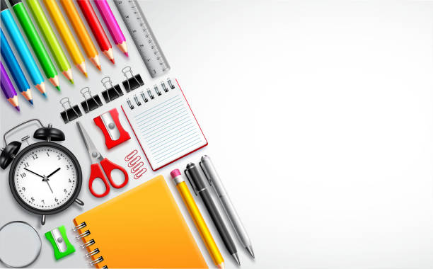 Back to school vector template with colorful school items and set of office supplies Back to school vector template with colorful school items and set of office supplies in white background with empty blank space for text for education design. Vector illustration. school supplies stock illustrations