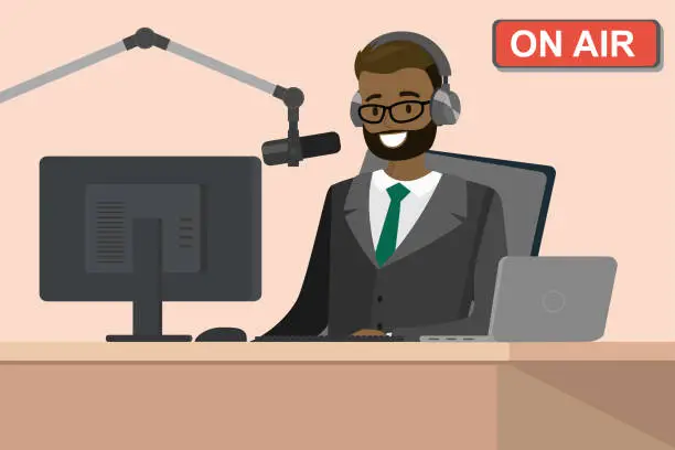 Vector illustration of Broadcasting radio host speaks into the microphone on the air