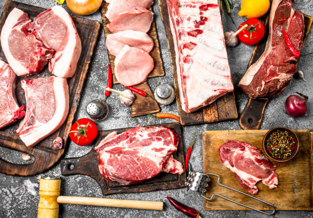 istock Different types of raw pork meat and beef with spices and herbs. 954534716