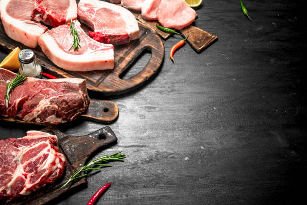 istock Different types of raw pork meat and beef with herb and spices. 954535446