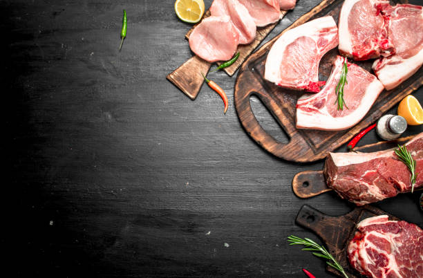 istock Different types of raw pork meat and beef with herb and spices. 954537212