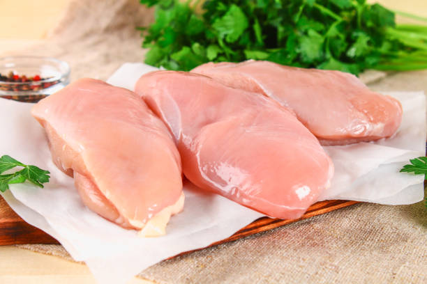istock raw chicken fillets on wooden cutting board. 954539046