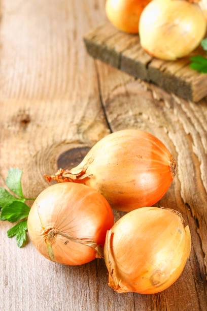 istock Yellow onion with parsley on a wooden table. 954539300