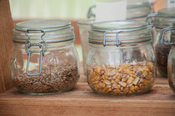 closeup of cereals seeds in glass containers