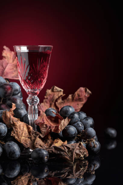 赤ワインおよび乾燥されたツルの葉とぶどうのクリスタル ガラス。 - 2599 ストックフォトと画像