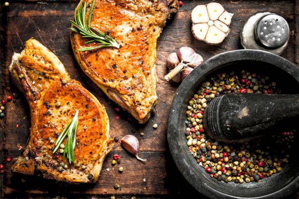 Grilled pork steak with spices.