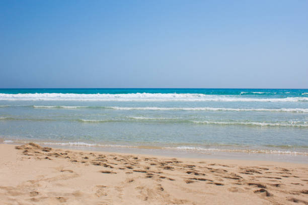 istock Blue sea with white waves and sand with footprints 954552444