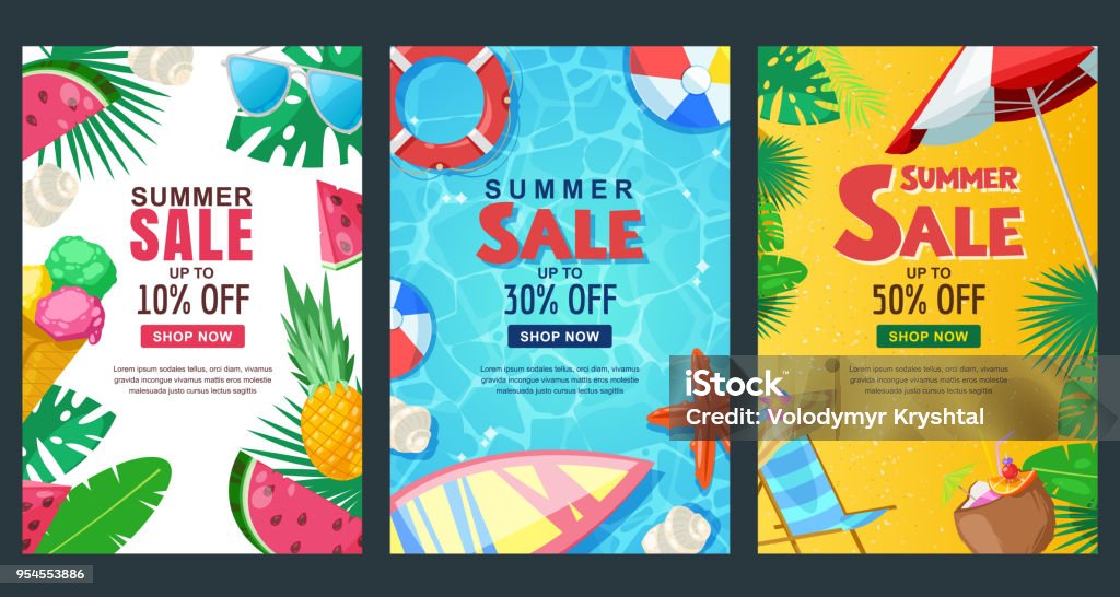 Summer sale vertical banner set. Vector season poster template. Tropical backgrounds. Summer sale vertical banner set. Vector season poster template. Tropical backgrounds with sand beach, water, leaves and fruits. Summer stock vector