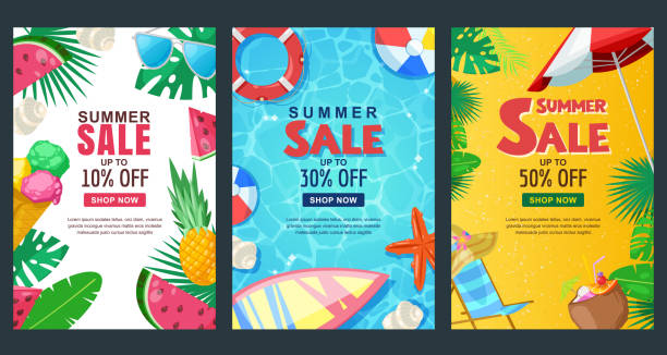 Summer sale vertical banner set. Vector season poster template. Tropical backgrounds. Summer sale vertical banner set. Vector season poster template. Tropical backgrounds with sand beach, water, leaves and fruits. summer fun stock illustrations