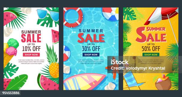Summer Sale Vertical Banner Set Vector Season Poster Template Tropical Backgrounds Stock Illustration - Download Image Now