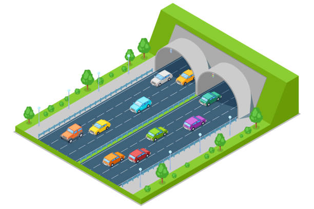istock Highway road passes through tunnel in mountain, vector isometric 3D illustration. Transport, road construction concept 954554502